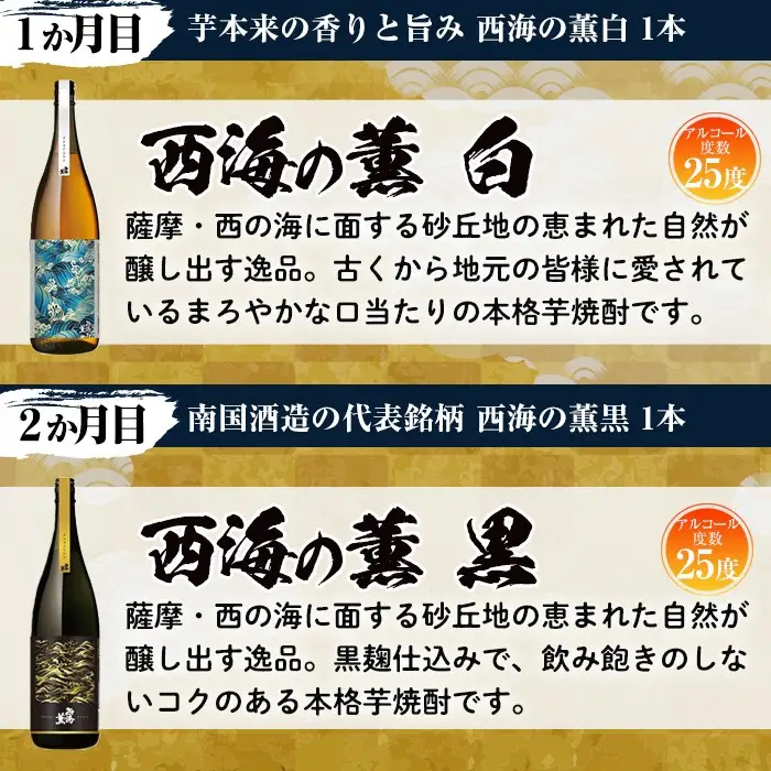 No.766 ＜定期便・全6回(連続)＞南国酒造の厳選芋焼酎定期便Aコース(1800ml×6銘柄各1本・合計10.8L)西海の薫・土壌・白錫・黒錫など！ 鹿児島 九州 酒 芋 焼酎 地酒 薩摩芋 さつま芋 アルコール 飲み比べ セット 定期便 頒布会