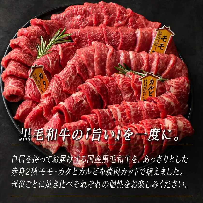 【国産黒毛和牛】モモ・カタ・カルビ焼肉セット 1kg〔AC-E903〕_(都城市) 国産黒毛和牛 焼肉用 モモ・カタ(各300g)×1パック カルビ(400g)×1パック 冷凍配送 