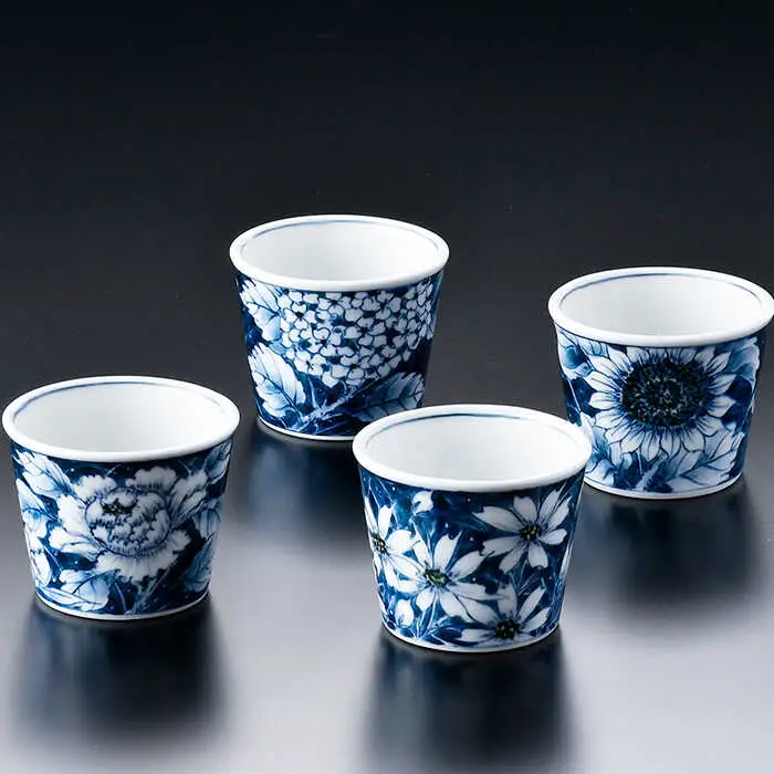 【波佐見焼】花絵染付 そばちょこ 4点セット 食器 皿 【青以窯】 [HD06] 波佐見焼