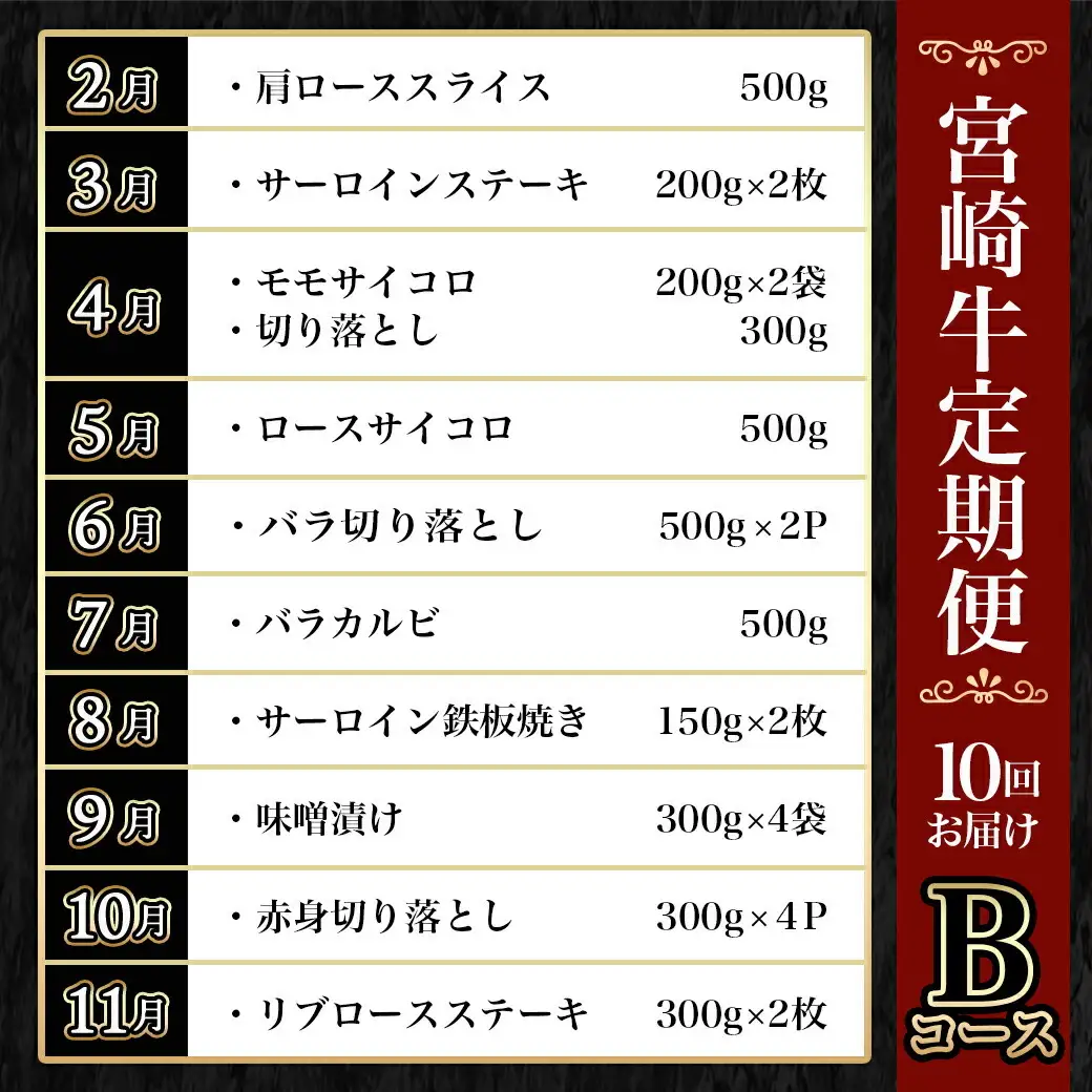 宮崎牛定期便(10回お届け) Bコース〔N25-002-T10〕_(都城市) 宮崎牛 肩ロース サーロイン モモ ロース バラ カルビ 赤身 リブロース スライス ステーキ サイコロ 切り落とし 鉄板焼き 味噌漬け