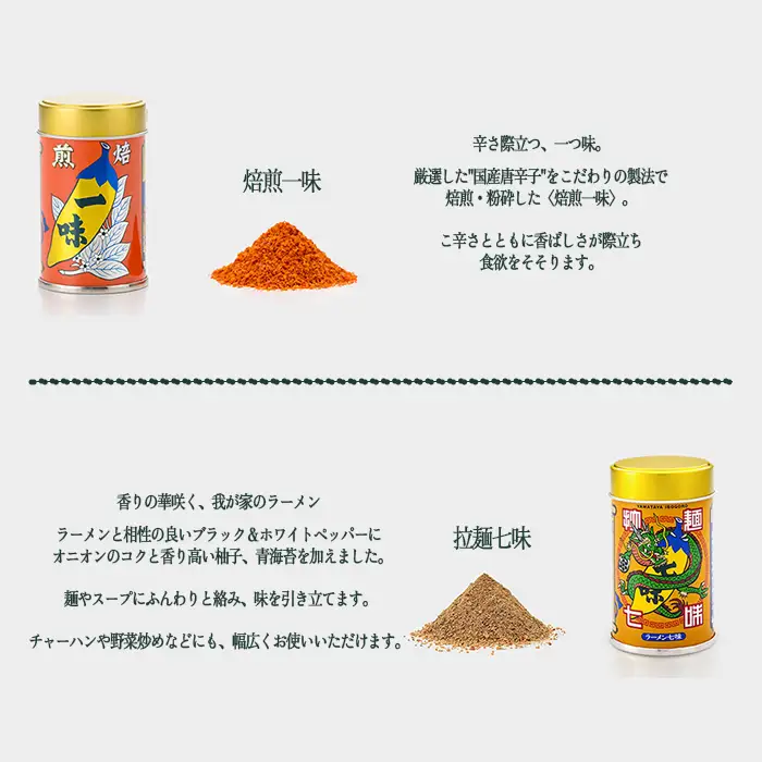 八幡屋礒五郎 ・ 究極 (YK-3) 七味唐辛子 ・ 焙煎一味 ・ ゆず七味 ・ 拉麺七味 ・ バードアイ ・ 粉山椒 ・ ガラムマサラ ・ 山椒七味 [0345]