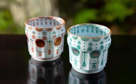 【柳桜園×京焼】最高級茶各種詰合せ×京焼茶器セット（叶松谷作 赤絵金襴手瓔珞湯碗＆洋彩銀欄手瓔珞湯碗）