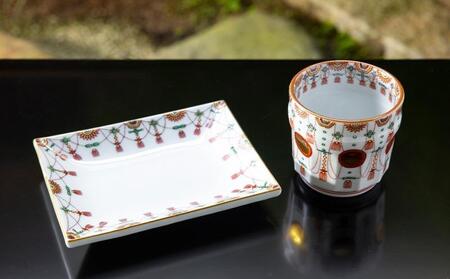 【柳桜園×京焼】最高級茶各種詰合せ×京焼茶器セット（叶松谷作  赤絵金襴手瓔珞湯碗＆赤絵金襴手瓔珞角皿)
