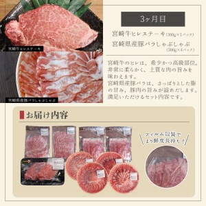 3回 定期便 宮崎牛 宮崎県産 豚 しゃぶしゃぶ すき焼き ステーキ 3ヶ月 コース 合計4.3kg