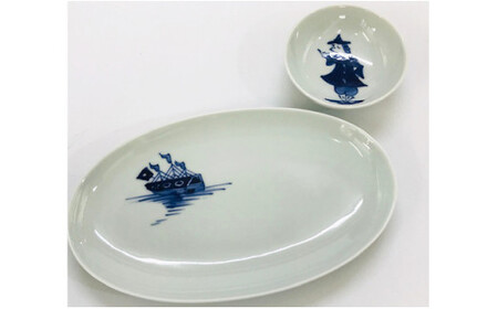 青花 絵変り楕円皿（24cm）とボウルのセット（2枚組） 小島芳栄堂 ar011