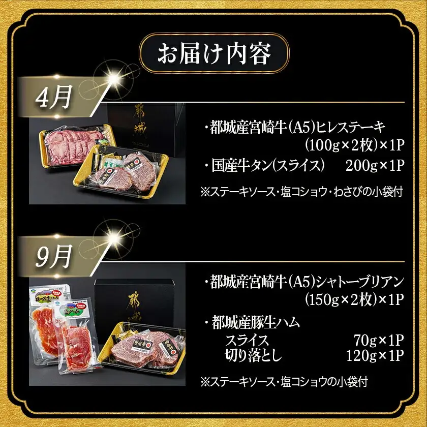 【数量限定】牛タン&シャトーブリアンが届く贅沢定期便〔TMM2-0101〕_(都城市) ヒレ 牛タン シャトーブリアン 豚生ハム 期間限定 A5
