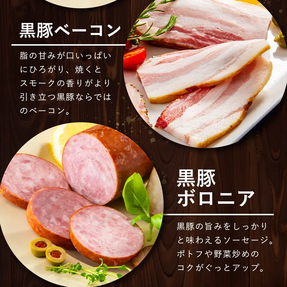 鹿児島県産 黒豚バラエティセットA 約600g (黒豚焼豚200g×1・黒豚ベーコン150g×1・黒豚ボロニア250g×1) NS-510 ｜ 肉 お肉 豚肉 豚 にく ぶた かごしま黒豚 ベーコン ソーセージ チャーハン ポトフ 野菜炒め 冷蔵 小分け お弁当 おかず 贈答 詰め合わせ 鹿児島県 南大隅町 南州農場