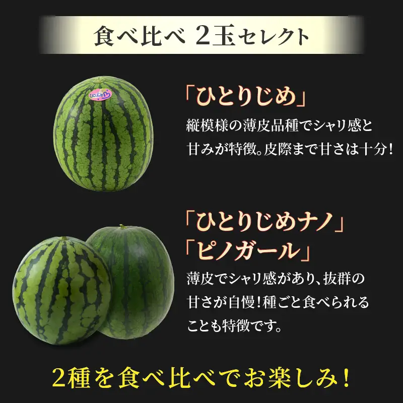 【先行予約】抜群の甘さ！佐藤農園の小玉スイカ 食べ比べセット(ひとりじめ+ひとりじめナノまたはピノガール) 2玉（計3kg以上）／ 秀品 農家直送 有機肥料 低農薬 ※2027年5月下旬～6月末の間に順次発送 [aw069-a013]
