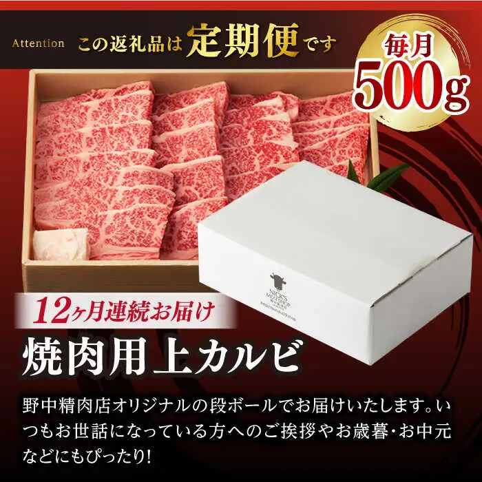 【全12回定期便】焼肉 上 カルビ 500g 長崎和牛 A4?A5ランク 【野中精肉店】 [VF36] 肉 牛肉 カルビ 焼き肉 キャンプ BBQ バーベキュー 定期便