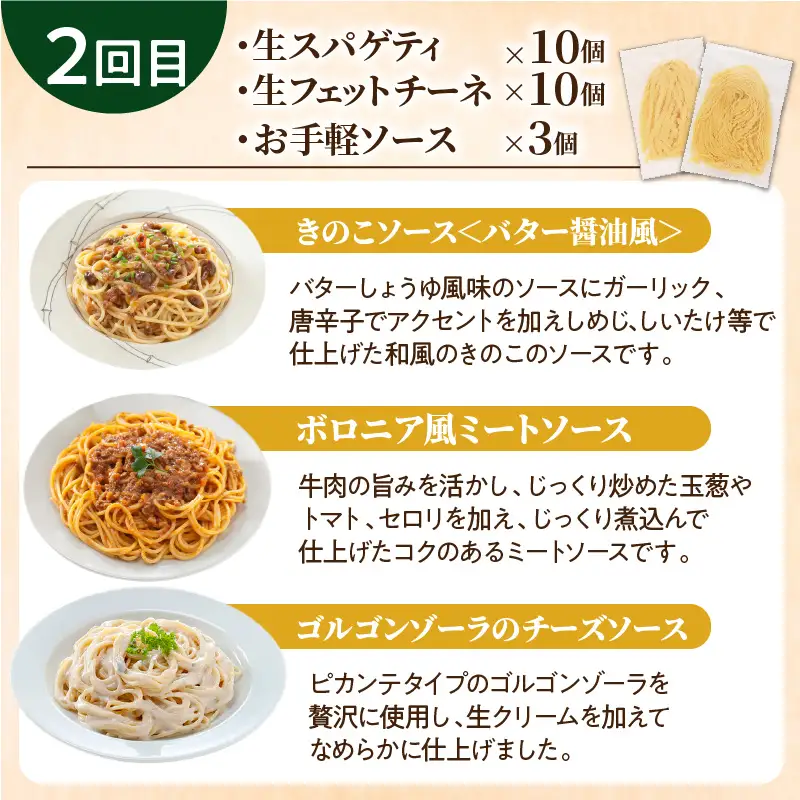 【3ヶ月 定期便】生スパゲティ 10個 × 生フェットチーネ 10個 お手軽 ソース 3個 付き K036-T09