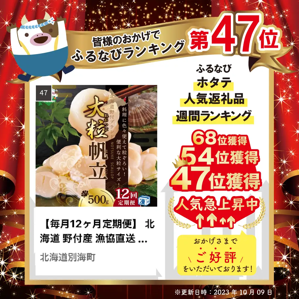 【毎月12ヶ月定期便】 北海道 野付産 漁協直送 冷凍ホタテ 貝柱大粒ホタテ500ｇ 【NKM12ND01】 （ ほたて ホタテ 帆立 貝柱 玉冷 北海道 野付 別海町 人気 ふるさと納税 ）