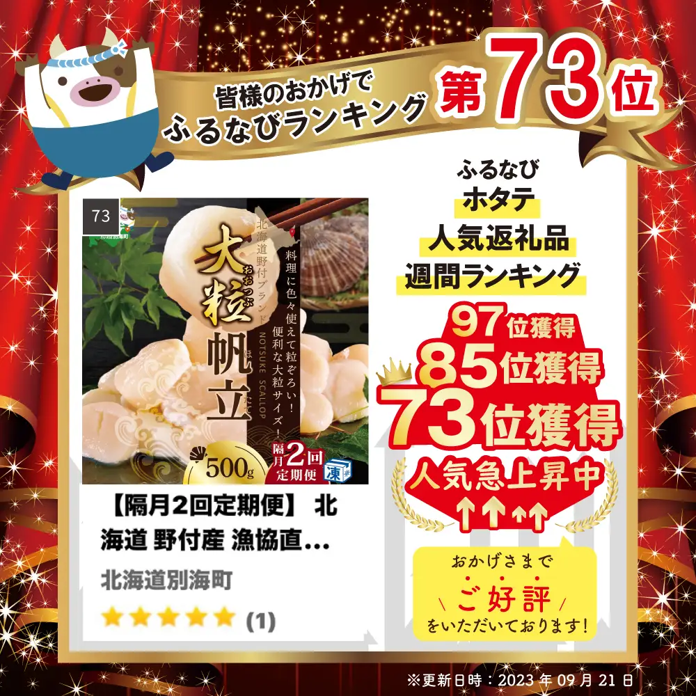 【隔月2回定期便】 北海道 野付産 漁協直送 冷凍ホタテ 貝柱大粒ホタテ500g 【NKB02ND01】 （ ほたて ホタテ 帆立 貝柱 玉冷 北海道 野付 別海町 人気 ふるさと納税 ）