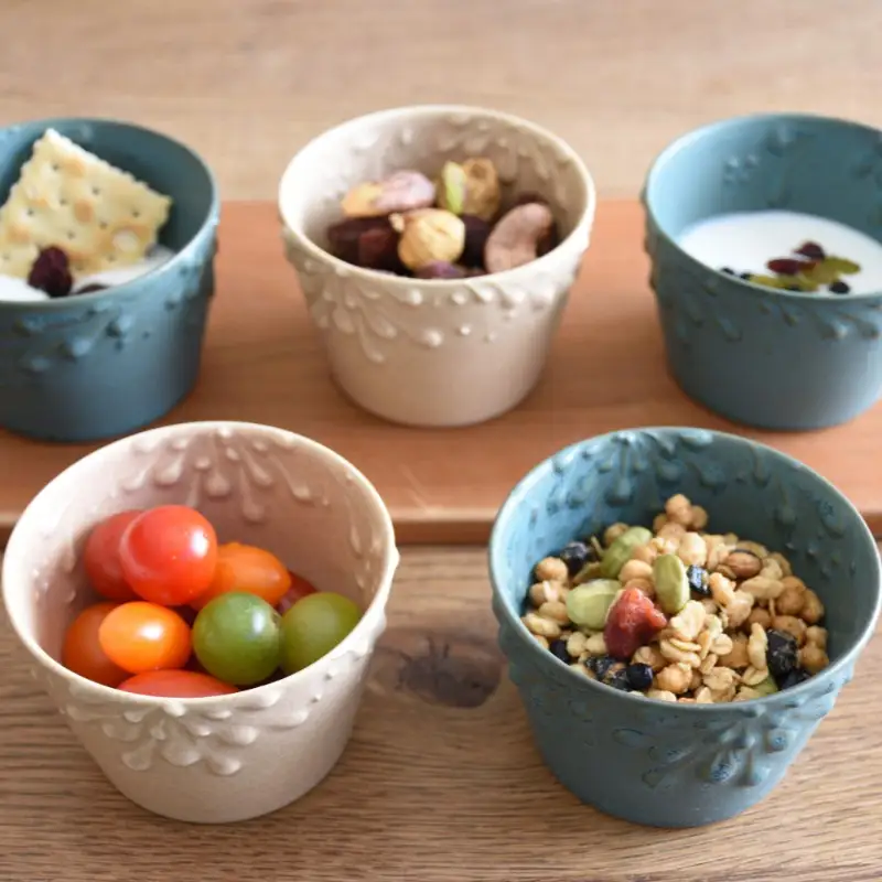 いっちん文様 陶器製 そば猪口 亜麻色と錆浅葱色の仲良しペアセット 食器 陶器 器 小鉢 おちょこ 手づくり 焼き物 おしゃれ 広島県 呉市 ku016-008-r