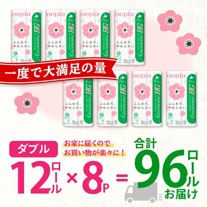【A016】 紙のまち 苫小牧 ネピア トイレットペーパー アネモネ HG ダブル グリーン パッケージ （ 96ロール ） T001-002 日用品