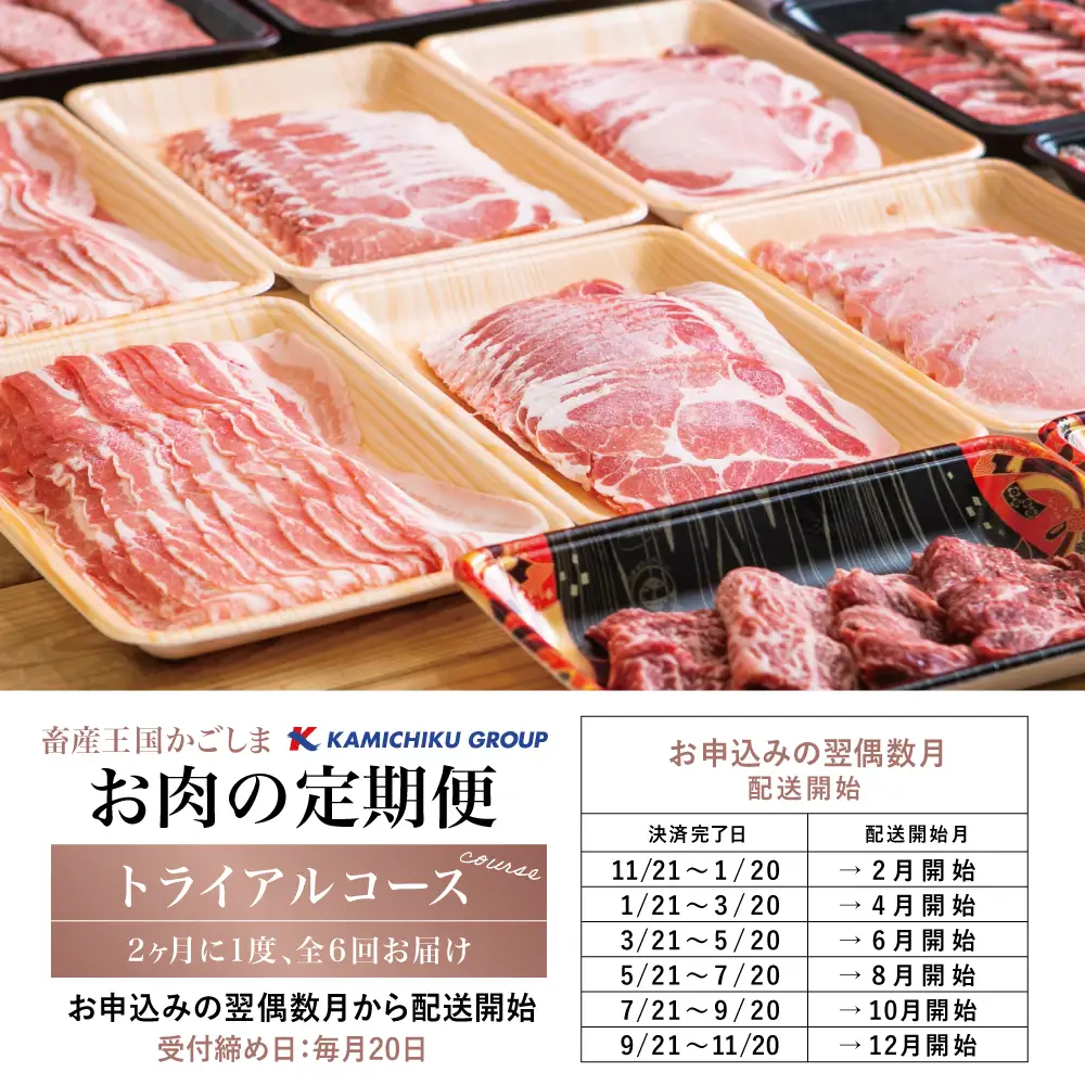 【定期便全6回】情熱牧場 鹿児島県産お肉の定期便 トライアルコース お肉 ステーキ すき焼き しゃぶしゃぶ 焼肉 BBQ A5等級 黒毛和牛 牛肉 豚肉 スライス 小分け 定期便 冷凍 カミチク 南さつま市