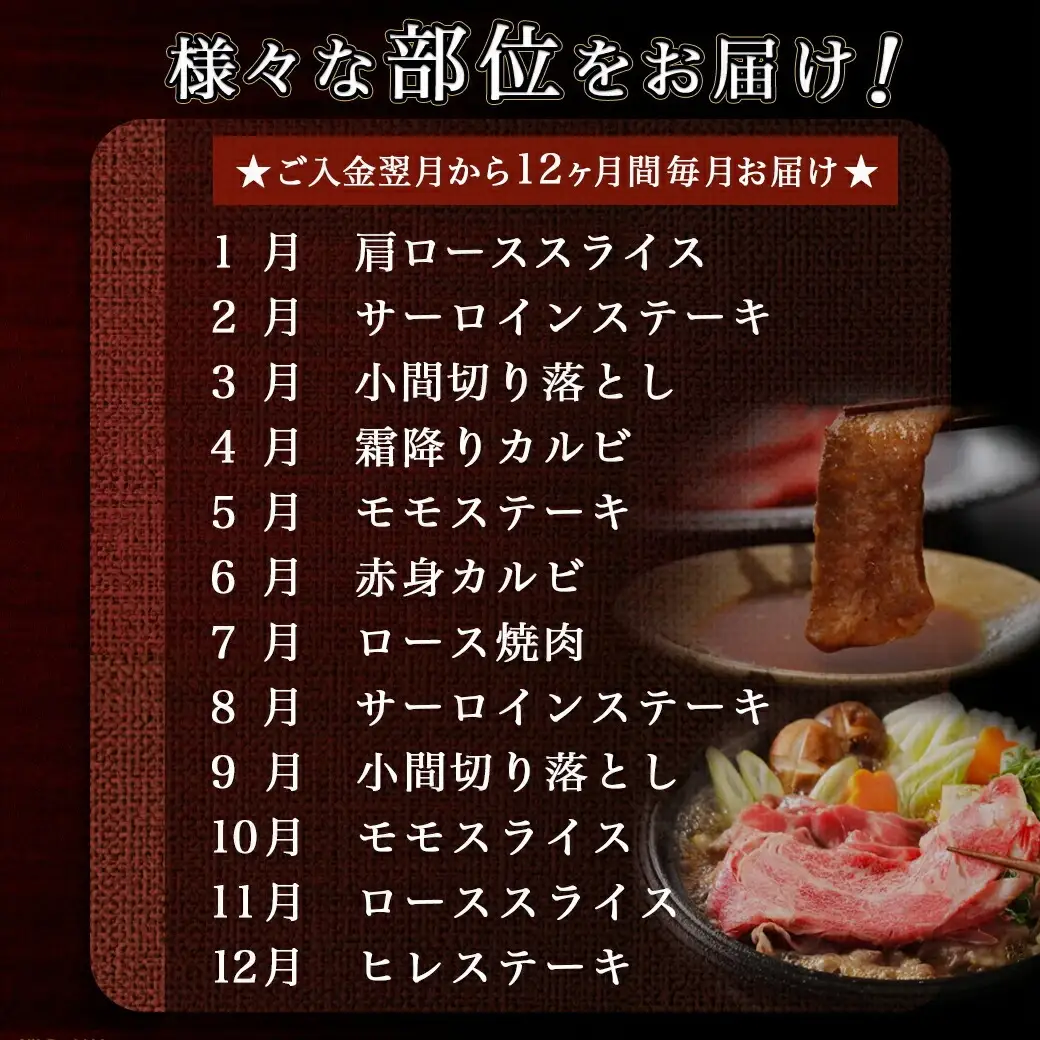 黒毛和牛の本気!食べ尽くし12ヶ月定期便〔TAC12-4201〕_(都城市) 国産 黒毛和牛 和牛 肩ローススライス サーロインステーキ 小間切り落とし 霜降りカルビ モモステーキ 赤身カルビ ロース焼肉 モモスライス ローススライス ヒレステーキ 定期便