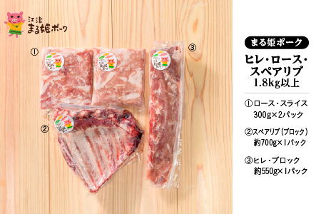まる姫ポーク ヒレブロック（約550g×1）・ローススライス（300g×2）・スペアリブブロック （約700g×1）約1.8kg以上【AK-44】｜送料無料 国産 まる姫ポーク 豚肉 ぶた肉 肉 ヒレブロック ヒレ ローススライス ロース スペアリブブロック BBQ 江津市｜