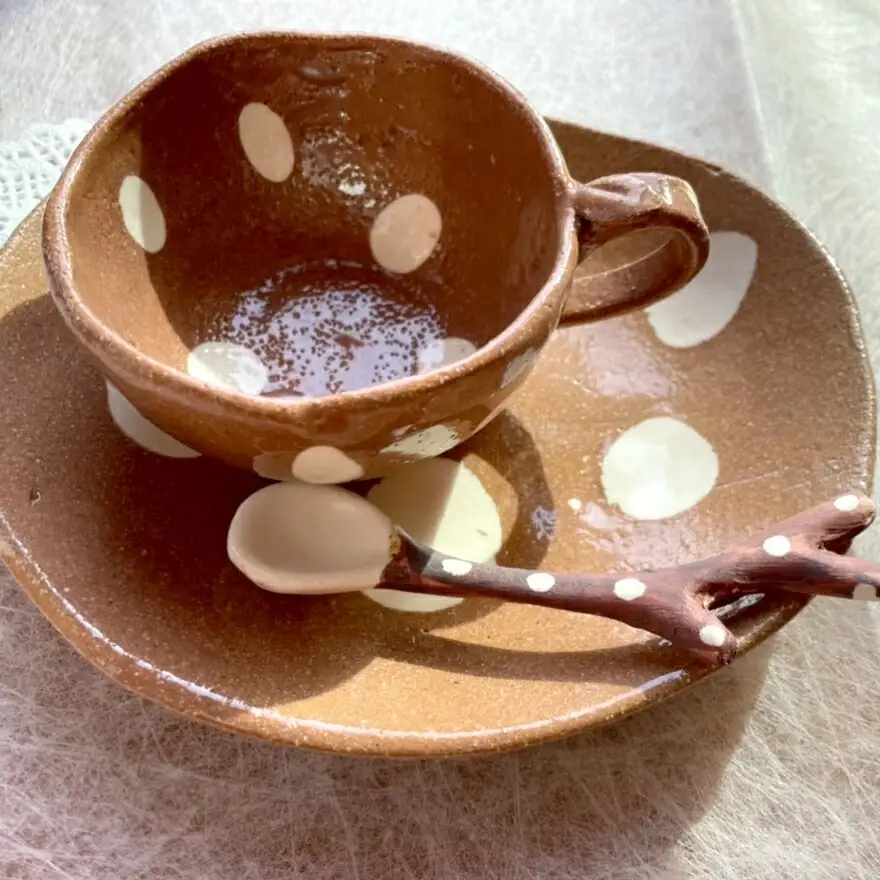 鹿晴シリーズカップセット 鹿 奈良 コーヒー カップ 陶芸 皿 スプーン 工房七彩屋