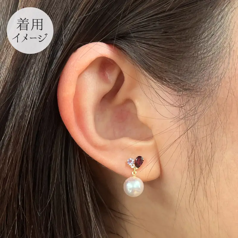 S085-300_7.5-8mm ロードライトガーネット アメジスト ホワイトトパーズ 半貴石 真珠 花珠級 スタッド ピアス 落ちない 揺れる ブラ 18k 18金 金 【K18YG】