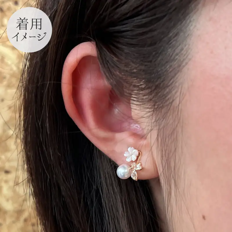 S085-302_5.5mm - 6mm K18PG ホワイトトパーズ シェル ピアス 半貴石 真珠 ピアス ピンク 花珠級 ベビーパール 両耳