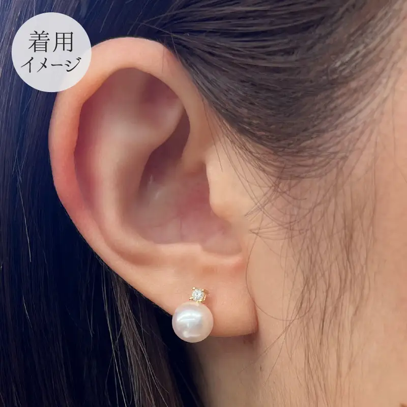 S085-307_7.5-8mm あこや真珠 スタッドピアス ピアス ホワイトピンク K18 ダイヤモンド 0.05ct 【K18YG】