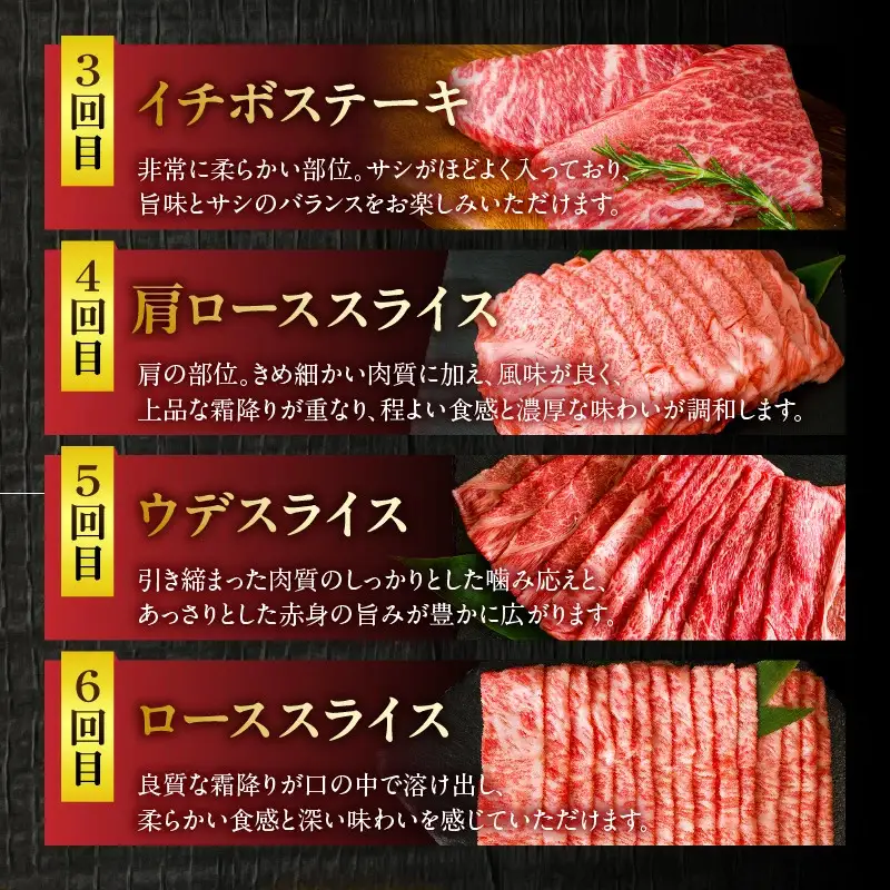 宮崎県産黒毛和牛A4等級以上 高千穂牛ステーキ・スライス定期便（6ヶ月定期便）牛肉 肉 お肉 精肉 セット 詰め合わせ 定期 6回 ブランド牛 国産牛 黒毛和牛 和牛 サーロイン ステーキ モモ イチボ 肩ロース スライス ウデ すき焼き しゃぶしゃぶ ロース 贈答 贈り物 BBQ グランピング パーティー クリスマス プレゼント _Tk002-t082
