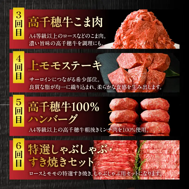 宮崎県産黒毛和牛A4等級以上 高千穂牛フルコース（6ヶ月定期便）牛肉 肉 お肉 精肉 定期便 サーロイン ステーキ 焼肉 BBQ ロース カルビ こま肉 小間切れ モモ ハンバーグ しゃぶしゃぶ すき焼き すきしゃぶ 薄切り スライス 国産 セット 詰め合わせ パーティー アウトドア キャンプ グランピング お祝い ギフト プレゼント_Tk002-t054