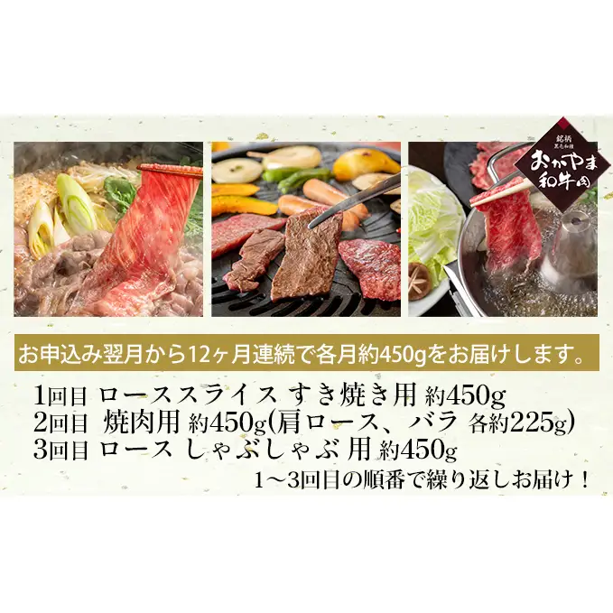 定期便 12ヶ月 おかやま 和牛肉 A4等級以上 食べ比べ 毎月 約450g×12回 牛肉