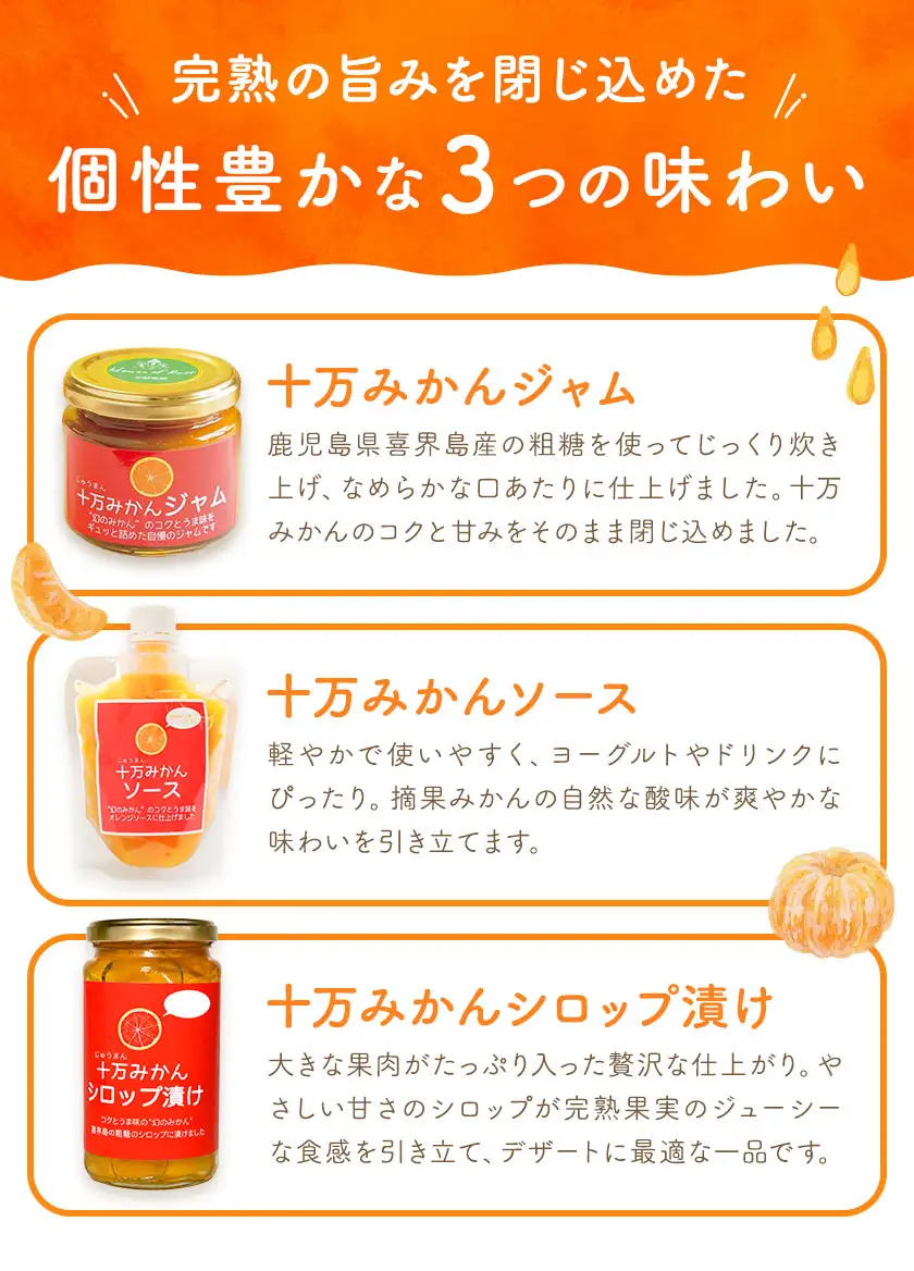 十万みかん 加工品3種セット ソース ジャム シロップ漬け 各1個 田野農園《30日以内に出荷予定(土日祝除く)》鹿児島県 さつま町
