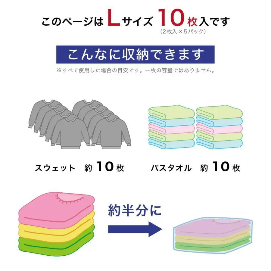 【5パック10枚入り】2Way バルブ衣類圧縮パック L　【約横42cm×縦79cm】 ACT1021008