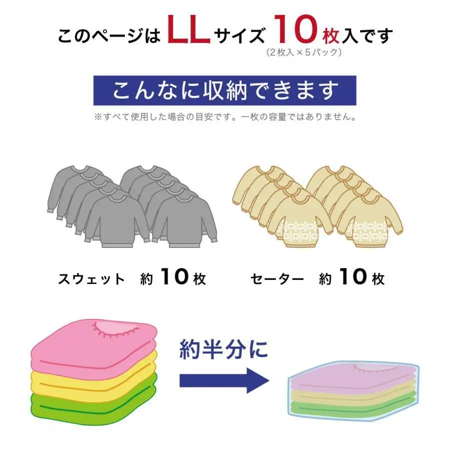 【5パック10枚入り】2Way バルブ衣類圧縮パック LL　【約横48cm×縦79cm】 ACT1021009
