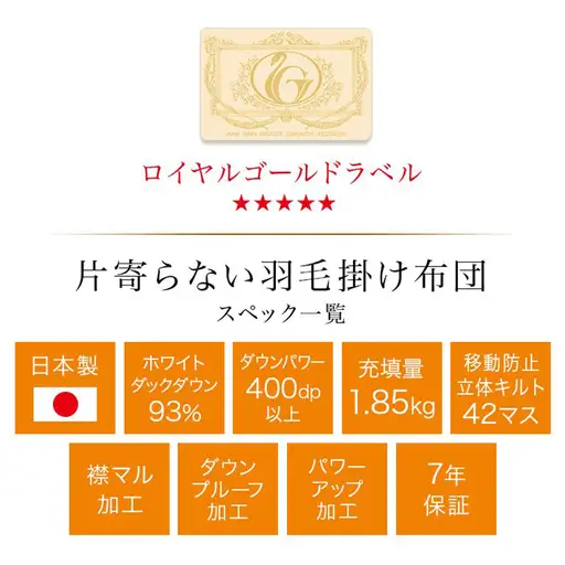 【アイボリー】片寄らない羽毛掛ふとん ホワイトダック93% ロイヤルゴールドラベル【KL】〔MD-J202-iv〕_(都城市) 羽毛肌掛ふとん ホワイトダックダウン ロイヤルゴールドラベル 日本製 
