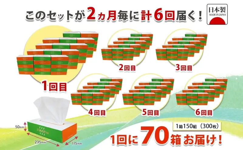 定期便 2ヶ月毎 全6回 ボックス ティッシュ 70箱 150組 300枚 ティッシュペーパー 紙 ペーパー BOX 日用品 備蓄 吸水 消耗品 生活用品 おすすめ 肌触り 防災 ストック 備蓄 生活応援 宮嶋商店 送料無料 岐阜県 【 】 