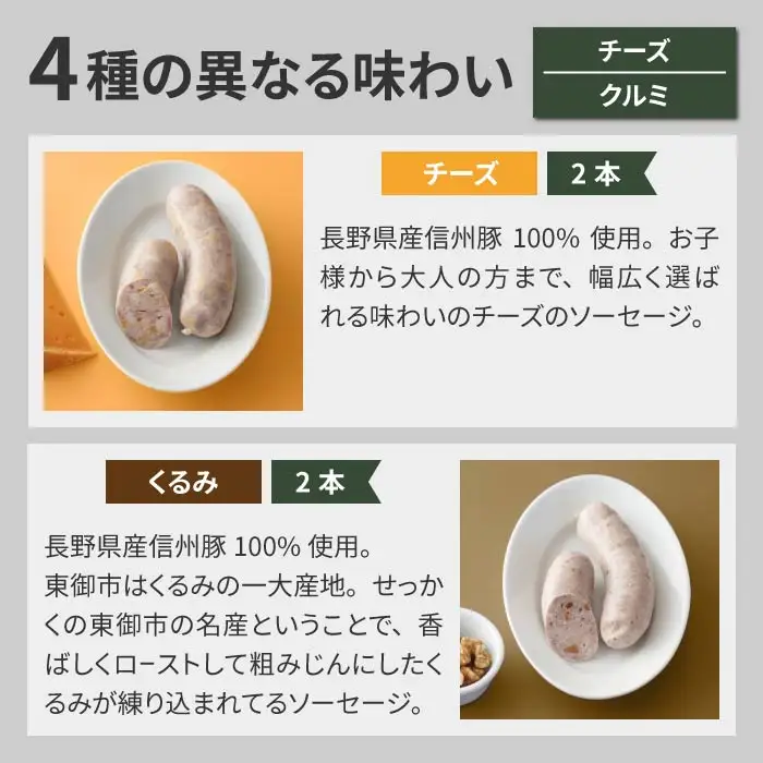 ソーセージセット（プレーン、ブラックペッパー、胡桃、チーズ）｜自家製ソーセージハム男