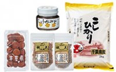 しょうがみそ・飯上ひじき・飯上生姜・梅干・米セット【令和7年産】 mi0005-0012 しょうが ｼｮｳｶﾞ ｼﾞﾝｼﾞｬｰ 生姜みそ かつお節 紫蘇 しそ ｼｿ 蒟蒻 ｷｭｳﾘ ごはん