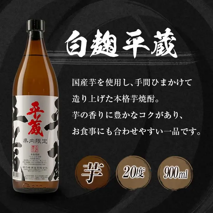宮崎県内 限定 本格 芋焼酎 平蔵 飲み比べ セット 20度 900ml 2本 白麹 黒麹 お酒 アルコール 飲料 国産 地酒 晩酌 家呑み 家飲み 宅呑み ご褒美 お祝い 記念日 お取り寄せ 詰め合わせ おすそ分け 手土産 おすすめ 櫻乃峰酒造 日南市 送料無料_B252-25