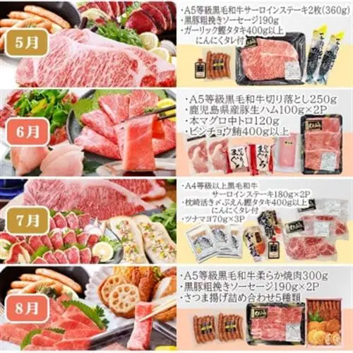 定期便(12回配送)お楽しみ便(A5等級黒毛和牛・黒豚・かつお・まぐろ・さつまあげ等)JJ-6002_肉 お肉 牛肉 サーロイン ステーキ 焼肉 ハンバーグ 切り落とし 豚肉 ロース バラ しゃぶしゃぶ 餃子 鰹_【配送不可地域：離島】【1166755】