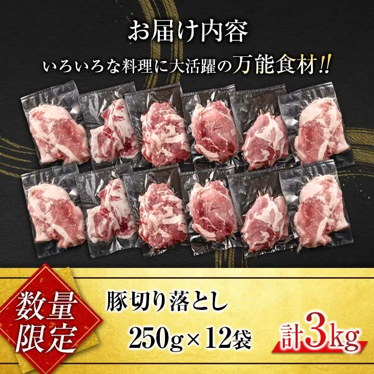 小分けで便利 数量限定 豚 切り落とし 計3kg お肉 豚肉 ポーク 国産 小分け 真空パック 個包装 万能食材 おすすめ おかず 食品 炒め物 お弁当 豚丼 豚しゃぶ しゃぶしゃぶ 焼肉 お祝い 記念日 ギフト 贈り物 贈答 プレゼント おすそ分け 宮崎県 日南市 送料無料_BD95-24
