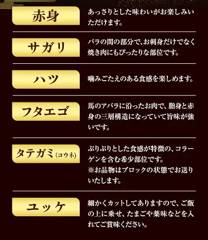 馬刺し 6種 セット 420g 醤油 タレ 付き 桜屋《60日以内に出荷予定(土日祝除く)》熊本県 菊池市 送料無料 肉 馬肉 馬さし 赤身 タテガミ ハツ サガリ フタエゴ ユッケ