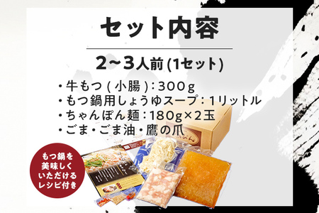 もつ鍋セット 2～3人前 醤油味 ホルモン小腸 もつ 小腸 300g 九州産 国産 ホルモン スープ ちゃんぽん ごま 鷹の爪 ごま油 セット 黒毛和牛 冷凍 取り寄せ 送料無料 牛もつ鍋処 茶びん