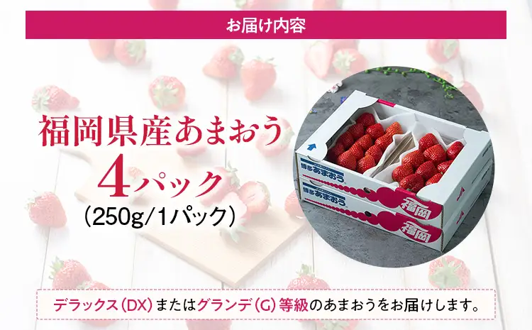 福岡産【春】あまおう 4パック 合計1000g（1パックあたり250g） いちご 苺 果物 フルーツ 九州産 福岡県産 冷蔵 送料無料 【2月上旬発送開始予定】