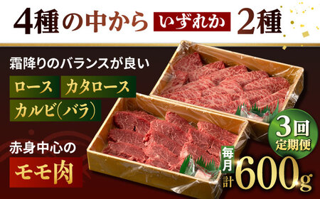 【3回定期便】【限定生産】特選 焼肉 2種盛り 長崎和牛 出島ばらいろ ロース カルビ カタロース モモ（600g/回）【肉のマルシン】 [FG35] 肉 牛肉 焼き肉 赤身 バーベキュー BBQ 定期便