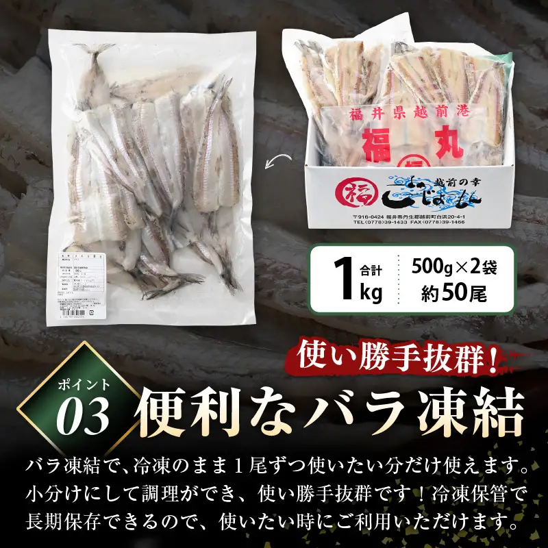  食べやすい越前の魚！骨取り メギス 開き 約1kg（50尾前後）500g × 2袋 網元漁師「福丸」厳選！【ニギス にぎす 小分け 冷凍 個包装 惣菜   焼魚 】 [e15-a023]