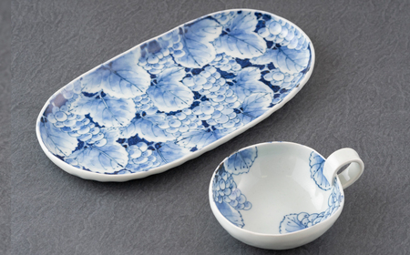 〈玉峰窯〉葡萄絵･木の葉絵モーニングセット