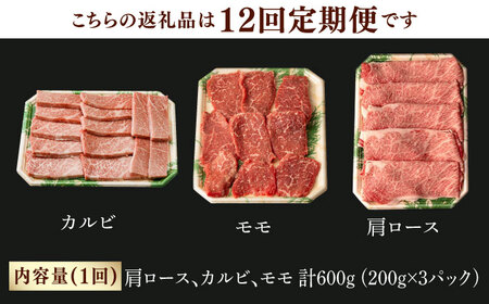 【第12回定期便】和牛 バーベキュー セット 肩ロース カルビ モモ 計600g (200g×3) 長崎和牛 焼肉 【夢ファームシュシュ】 [WF43] 和牛 牛肉 ロース カルビ モモ 焼き肉 赤身 霜降り