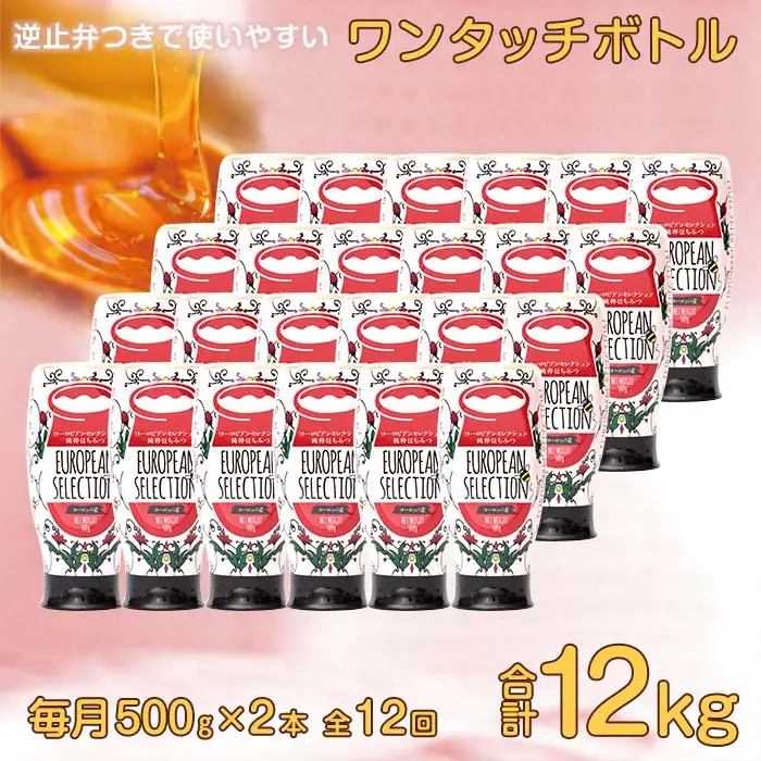 【全12回】 定期便（EU500g×2） かの蜂 純粋蜂蜜 合計12kg（ヨーロピアンセレクション500gを毎月2本お届け）024-T009 
