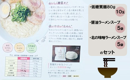 【ふるさと納税】２種のスープで楽しむ低糖質ラーメン１０食セット ( 低糖質麺８０ｇ×１０玉 / 醤油ラーメンスープ５袋 / 北の味噌ラーメンスープ５袋 )ギフト お祝い 贈答品 中元 歳暮 数量限定 期間限定 送料無料 兵庫県 三田市 [3d28bae560005]