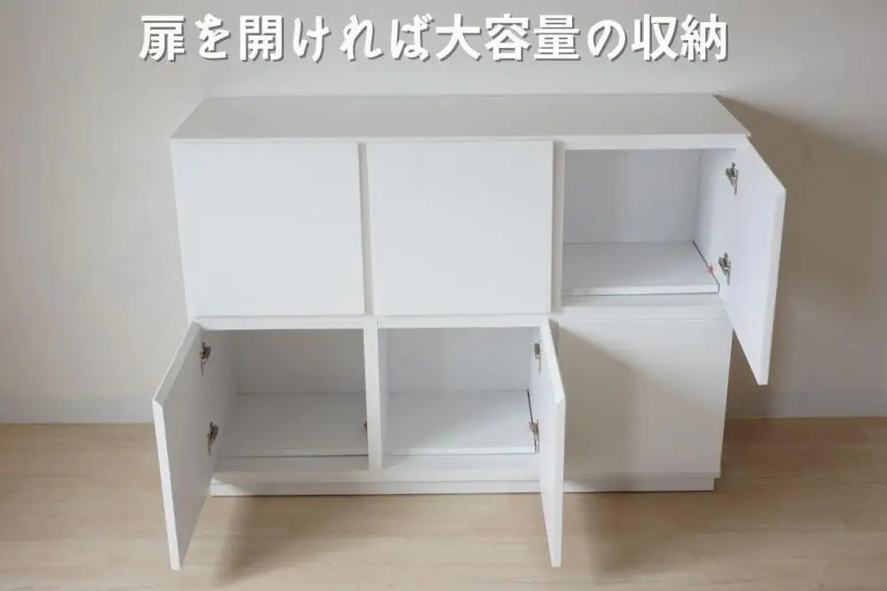 オスロ改120センチ幅2段キャビネット ホワイト4面鏡面