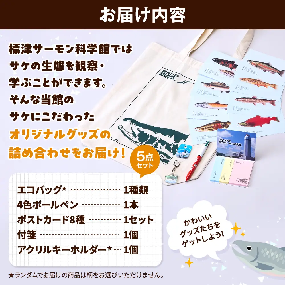 標津サーモン科学館グッズセットA　エコバッグ ポストカード ボールペン 付箋 キーホルダー【AP001】