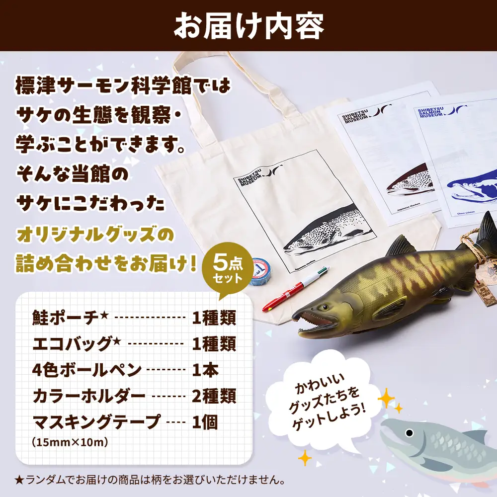 標津サーモン科学館グッズセットC　鮭ポーチ エコバッグ ボールペン マスキングテープ ファイル【AP003】